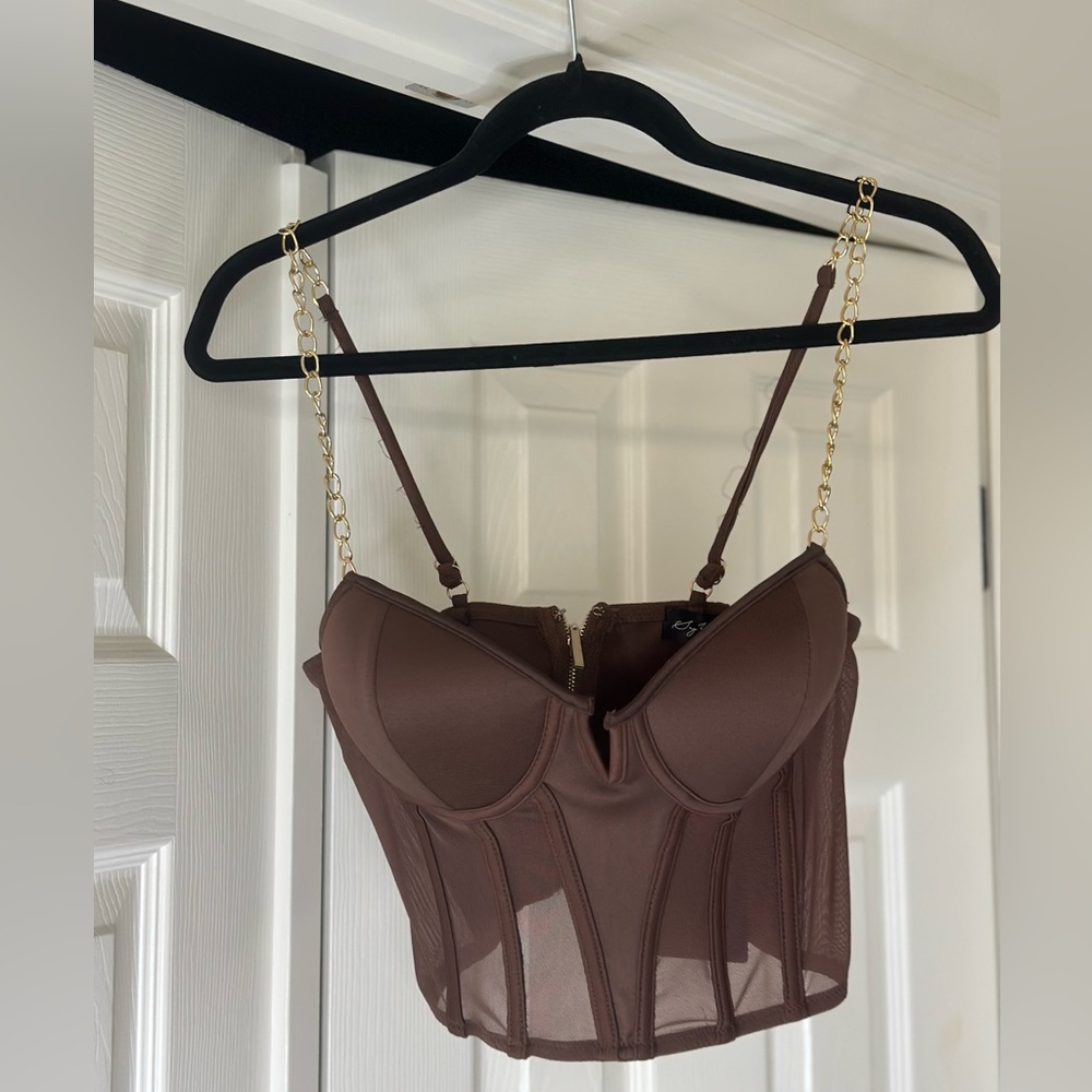Brown corset bustier top , gold zipper on back , tags still on